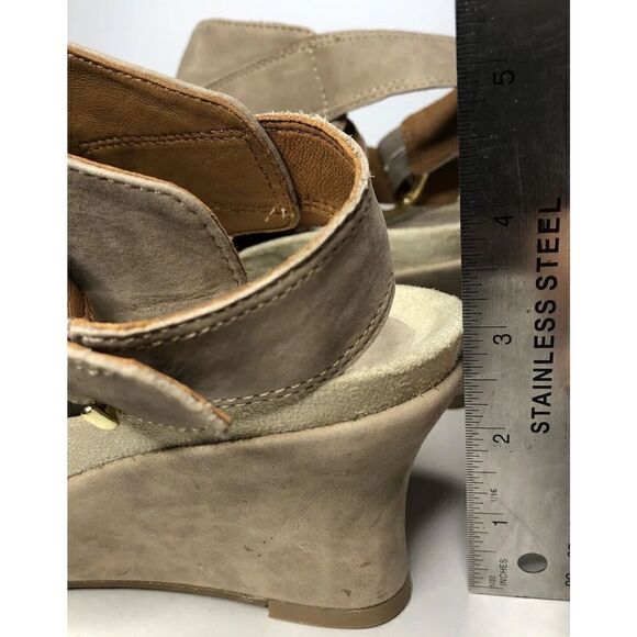 Earthies Earth Santo Taupe Suede Leather Peep Ankle Wedge Booties Women sz 10B - Picture 15 of 16